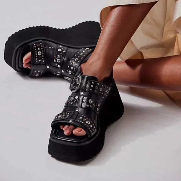 FREE PEOPLE Ace Studded Wedges / Black Leather - Picture 4 of 16